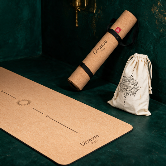 Yogamatte Kork mit SchutzhÃ¼lle | Portugal-Kork & Naturkautschuk, 8 Designs â€“ alternative Produktansicht vor tiefem SmaragdgrÃ¼n