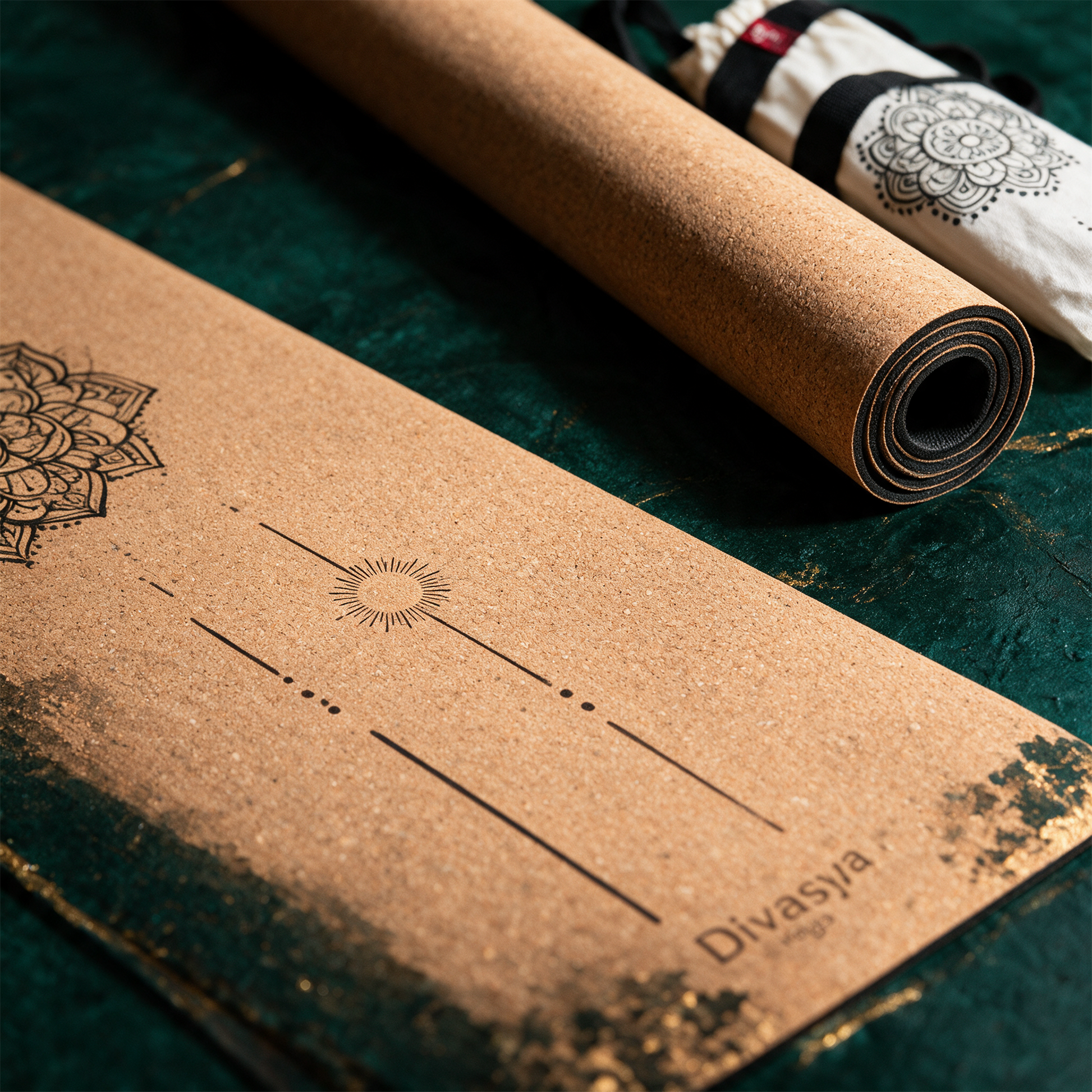Yogamatte Kork mit SchutzhÃ¼lle | Portugal-Kork & Naturkautschuk, 8 Designs â€“ Detailansicht vor tiefem SmaragdgrÃ¼n