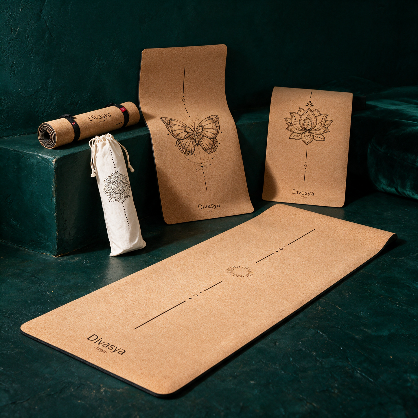 Yogamatte Kork mit SchutzhÃ¼lle | Portugal-Kork & Naturkautschuk, 8 Designs â€“ Anwendung vor tiefem SmaragdgrÃ¼n