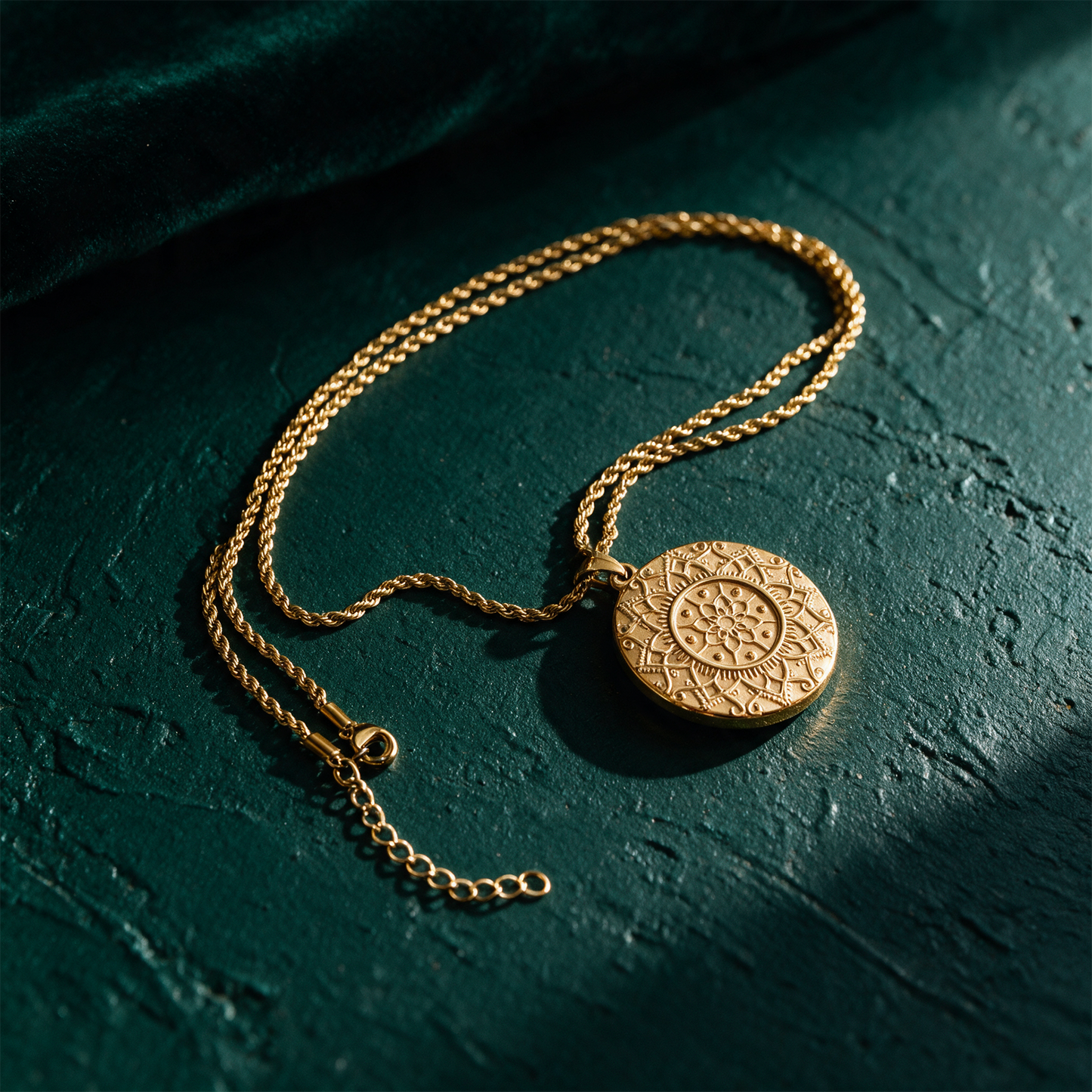 Mandala Kette â€žI am cosmicâ€œ | Vergoldet mit verdeckter Gravur â€“ alternative Produktansicht vor tiefem SmaragdgrÃ¼n