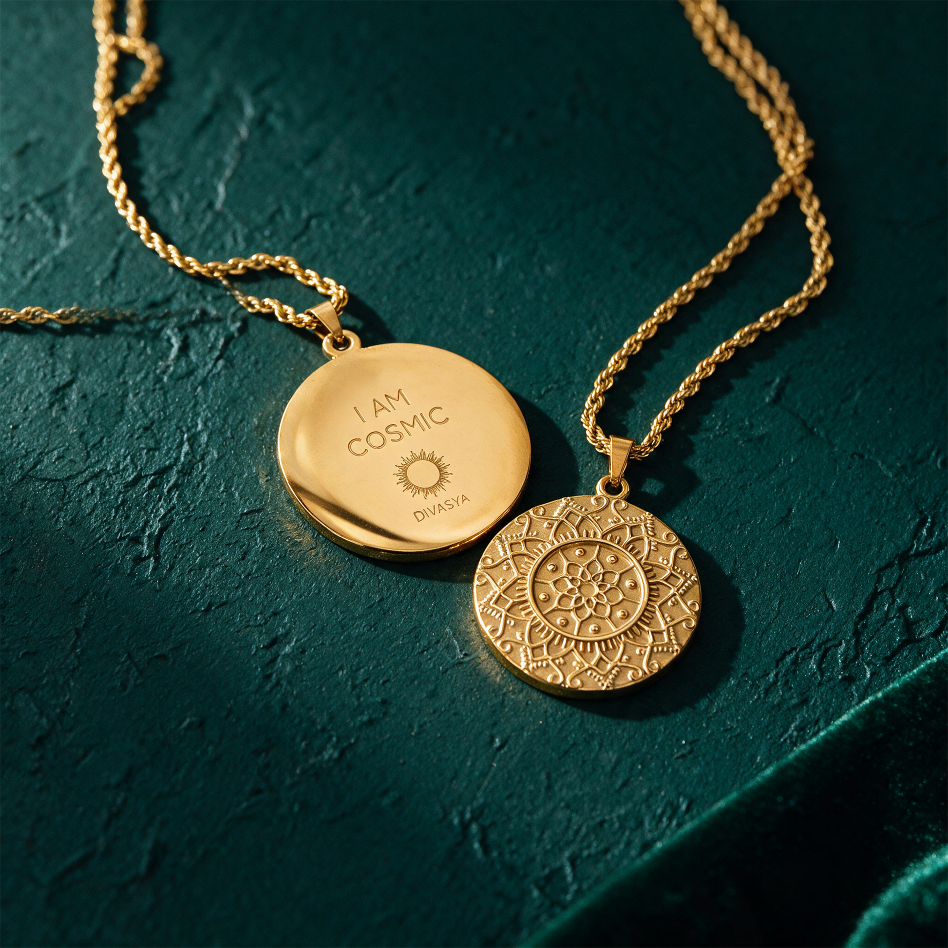 Mandala Kette â€žI am cosmicâ€œ | Vergoldet mit verdeckter Gravur â€“ Detailansicht vor tiefem SmaragdgrÃ¼n