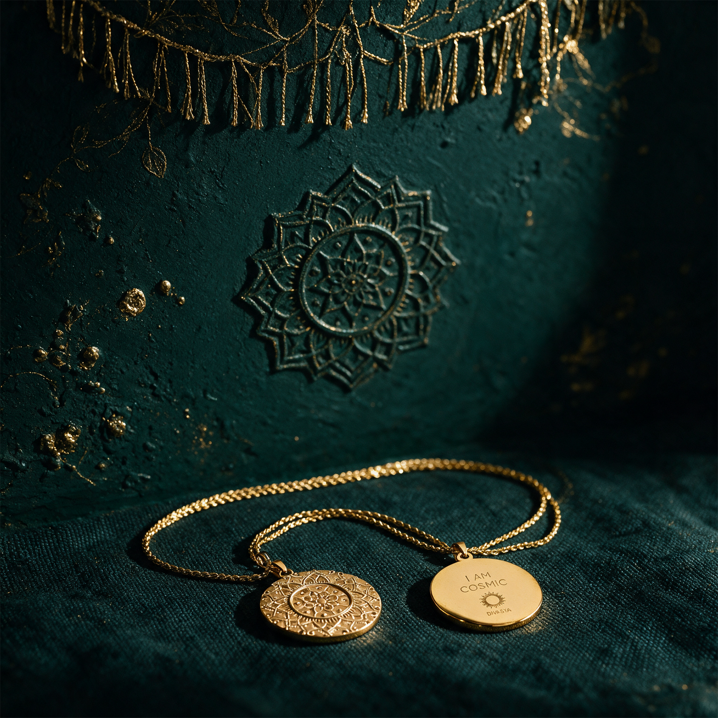 Mandala Kette â€žI am cosmicâ€œ | Vergoldet mit verdeckter Gravur â€“ Anwendung vor tiefem SmaragdgrÃ¼n