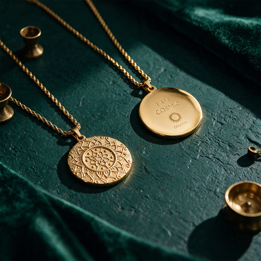 Mandala Kette â€žI am cosmicâ€œ | Vergoldet mit verdeckter Gravur â€“ Material- und Setansicht vor tiefem SmaragdgrÃ¼n