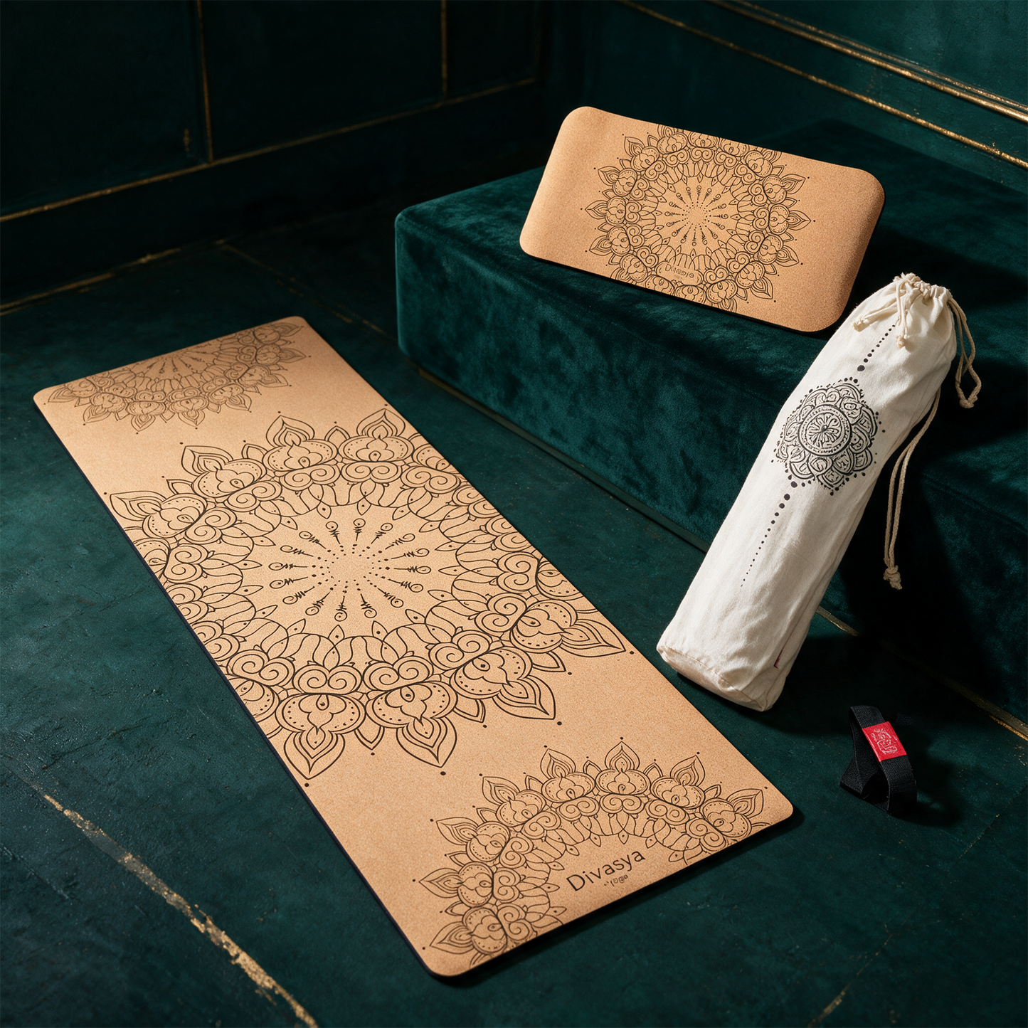 Yoga Set â€žSupportâ€œ | Kork-Yogamatte & Yoga-Pad fÃ¼r Knie und Gelenke â€“ alternative Produktansicht vor tiefem SmaragdgrÃ¼n