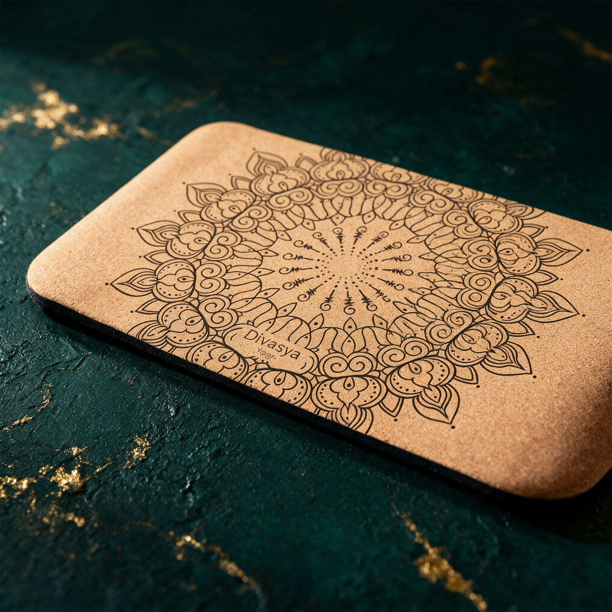 Yoga Set â€žSupportâ€œ | Kork-Yogamatte & Yoga-Pad fÃ¼r Knie und Gelenke â€“ Detailansicht vor tiefem SmaragdgrÃ¼n
