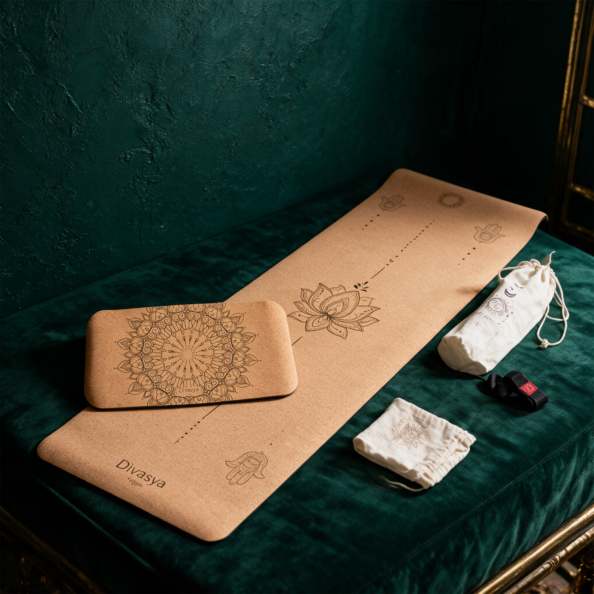 Yoga Set â€žSupportâ€œ | Kork-Yogamatte & Yoga-Pad fÃ¼r Knie und Gelenke â€“ Anwendung vor tiefem SmaragdgrÃ¼n