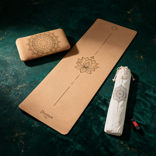 Yoga Set â€žSupportâ€œ | Kork-Yogamatte & Yoga-Pad fÃ¼r Knie und Gelenke â€“ Material- und Setansicht vor tiefem SmaragdgrÃ¼n