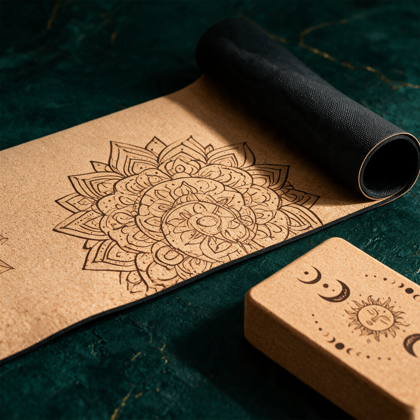 Yoga Set STARTER | Kork-Yogamatte, 2 YogablÃ¶cke, Tragegurt & SchutzhÃ¼lle â€“ Detailansicht vor tiefem SmaragdgrÃ¼n