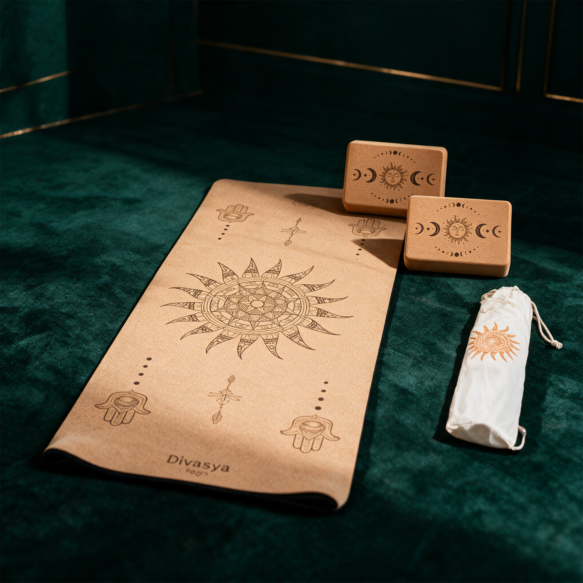 Yoga Set STARTER | Kork-Yogamatte, 2 YogablÃ¶cke, Tragegurt & SchutzhÃ¼lle â€“ Anwendung vor tiefem SmaragdgrÃ¼n