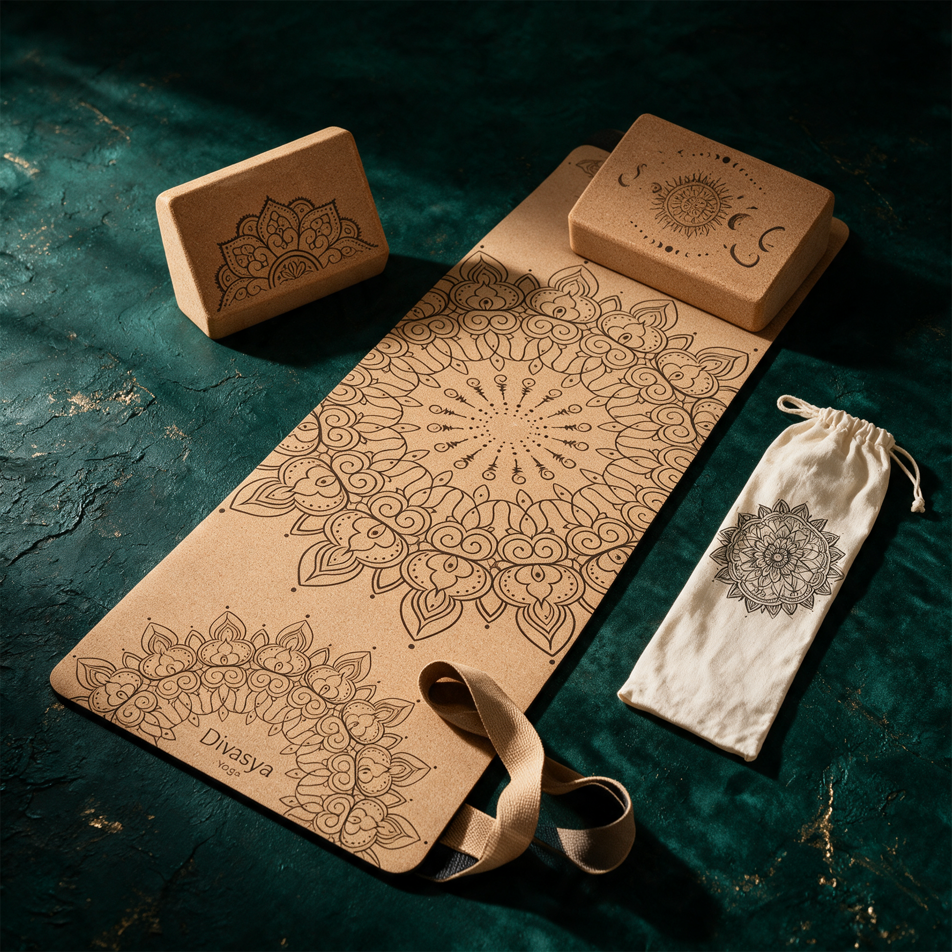 Yoga Set STARTER | Kork-Yogamatte, 2 YogablÃ¶cke, Tragegurt & SchutzhÃ¼lle â€“ Material- und Setansicht vor tiefem SmaragdgrÃ¼n