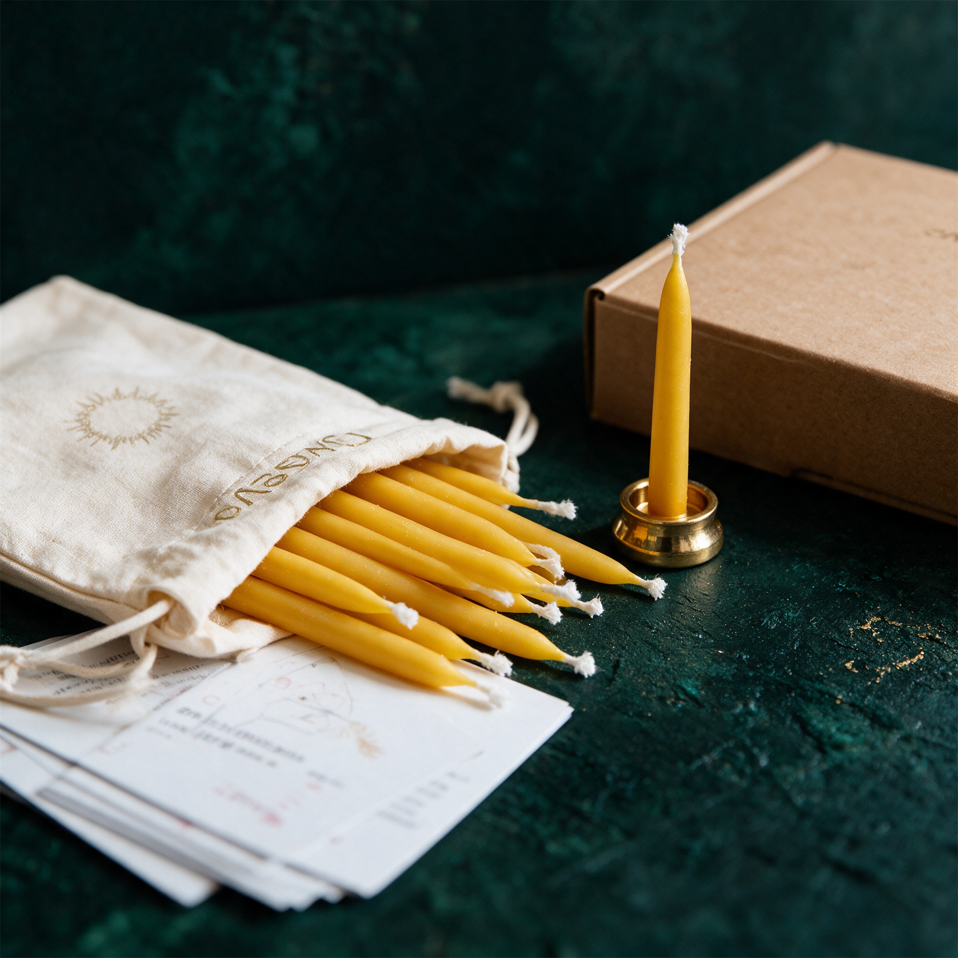 20-Minuten-Kerzen Set | 12 Bienenwachskerzen, Messinghalter & Affirmationskarten â€“ Anwendung vor tiefem SmaragdgrÃ¼n