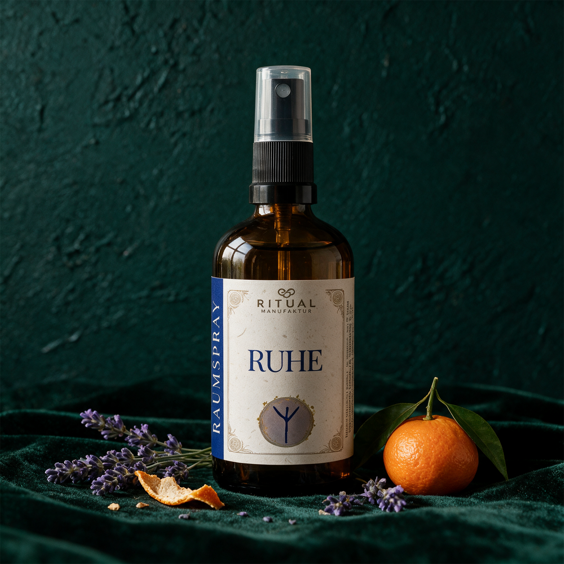 Detailaufnahme von Flasche und Sprühkopf des Ruhe Energiesprays