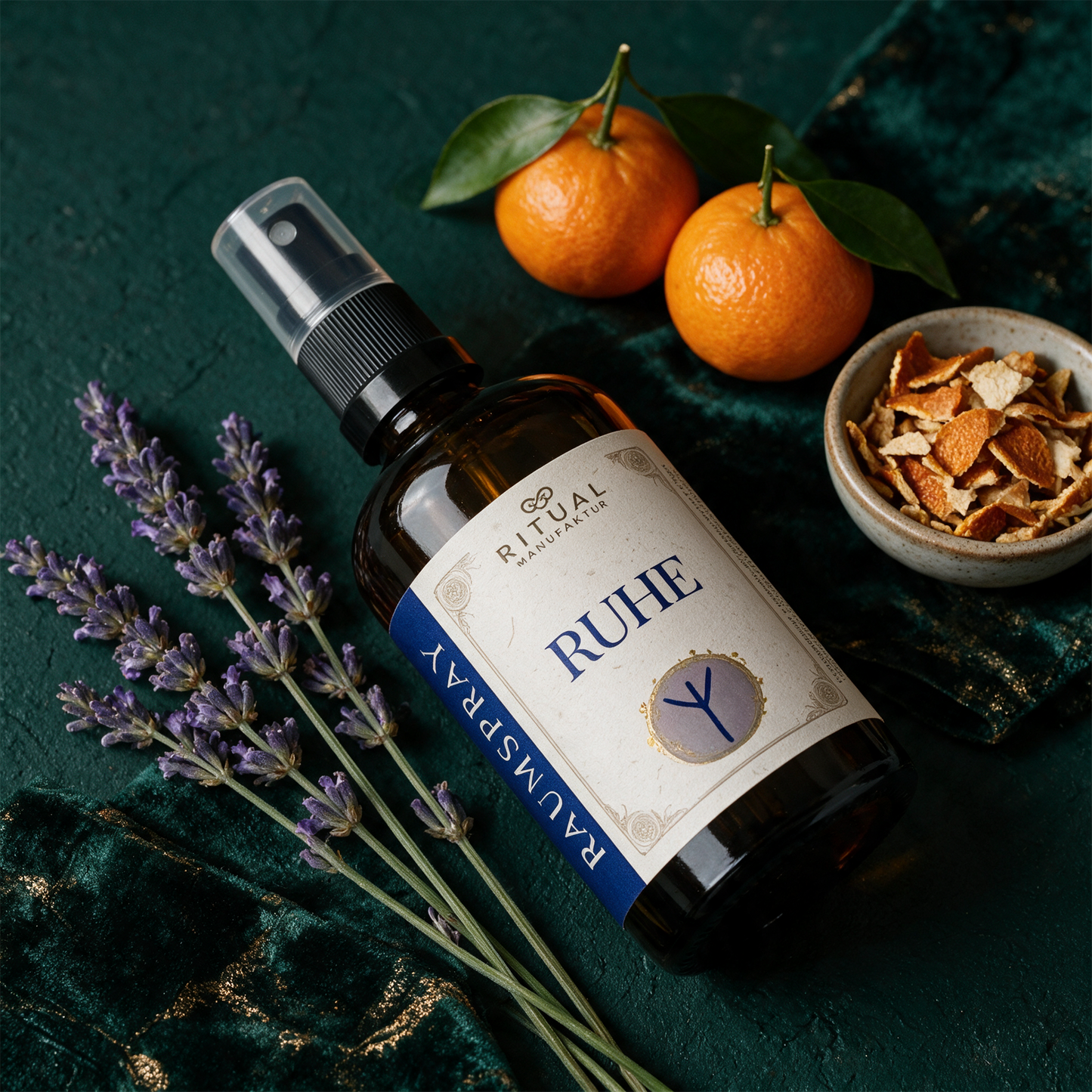 Ruhe Energiespray auf einer Ablage neben Lavendel und Mandarine