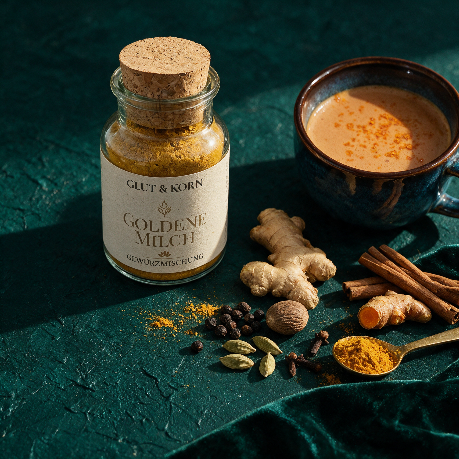 Goldene Milch Kurkuma-Latte | Ayurvedische GewÃ¼rzmischung ohne Zusatzstoffe â€“ alternative Produktansicht vor tiefem SmaragdgrÃ¼n