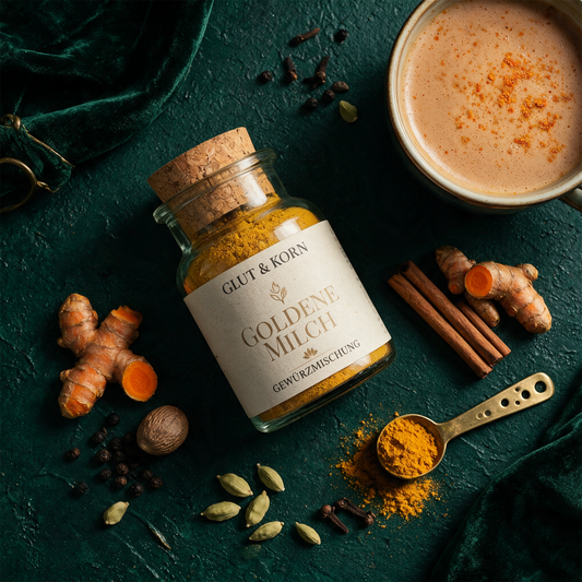 Goldene Milch Kurkuma-Latte | Ayurvedische GewÃ¼rzmischung ohne Zusatzstoffe â€“ Material- und Setansicht vor tiefem SmaragdgrÃ¼n