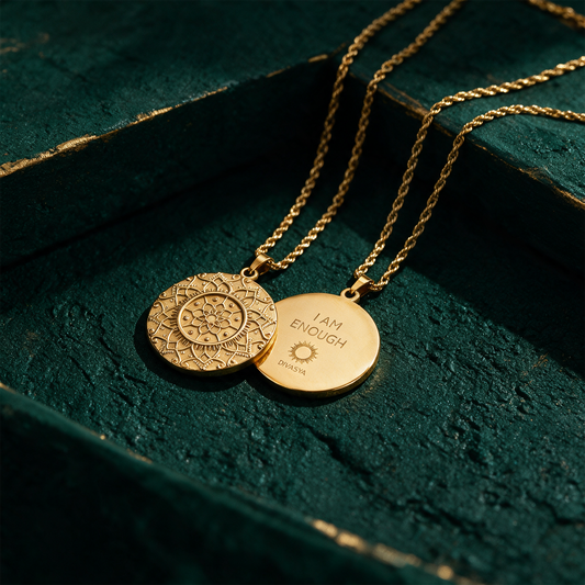 Mandala Kette â€žI am enoughâ€œ | Vergoldet mit verdeckter Gravur â€“ alternative Produktansicht vor tiefem SmaragdgrÃ¼n