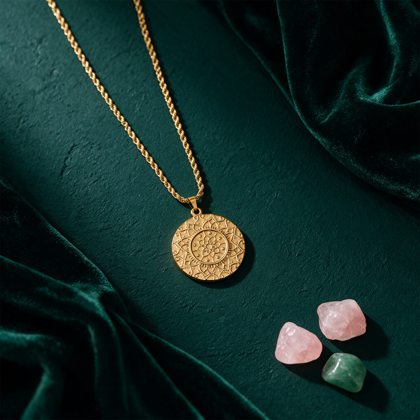 Mandala Kette â€žI am enoughâ€œ | Vergoldet mit verdeckter Gravur â€“ Anwendung vor tiefem SmaragdgrÃ¼n