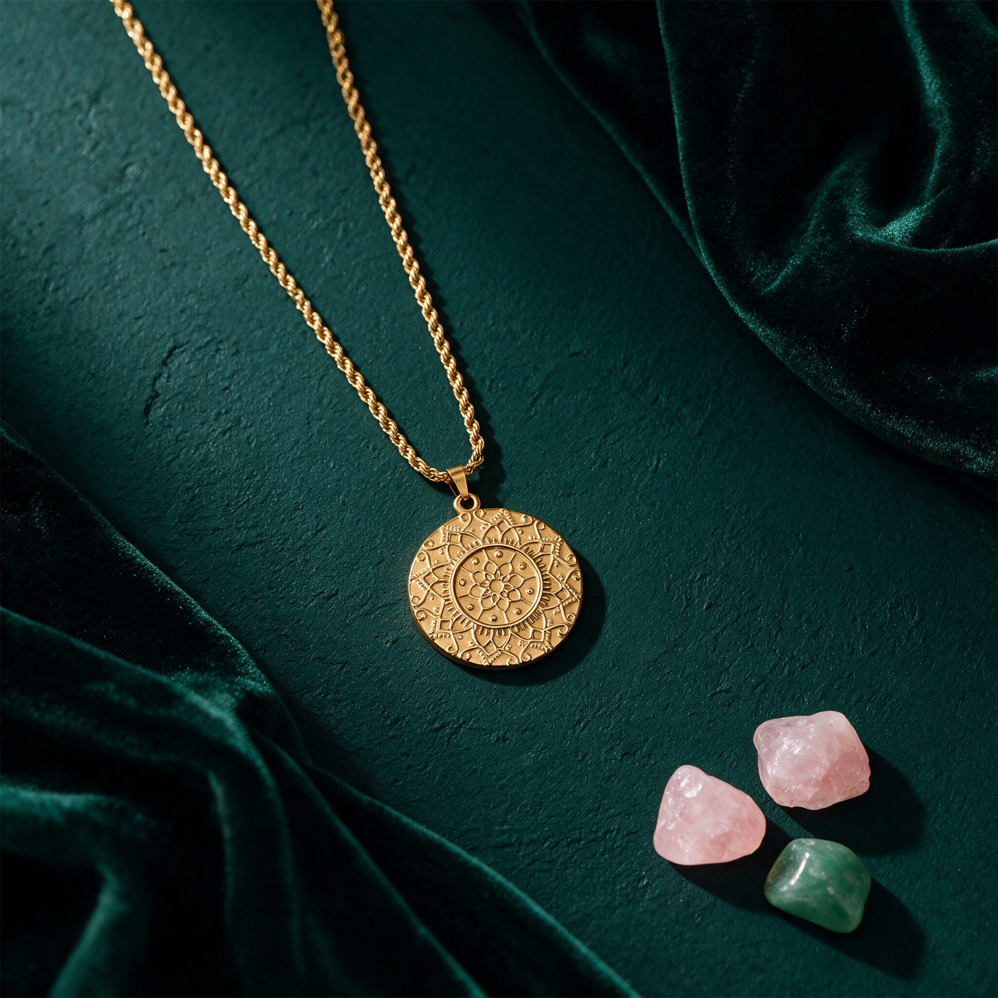 Mandala Kette â€žI am enoughâ€œ | Vergoldet mit verdeckter Gravur â€“ Anwendung vor tiefem SmaragdgrÃ¼n