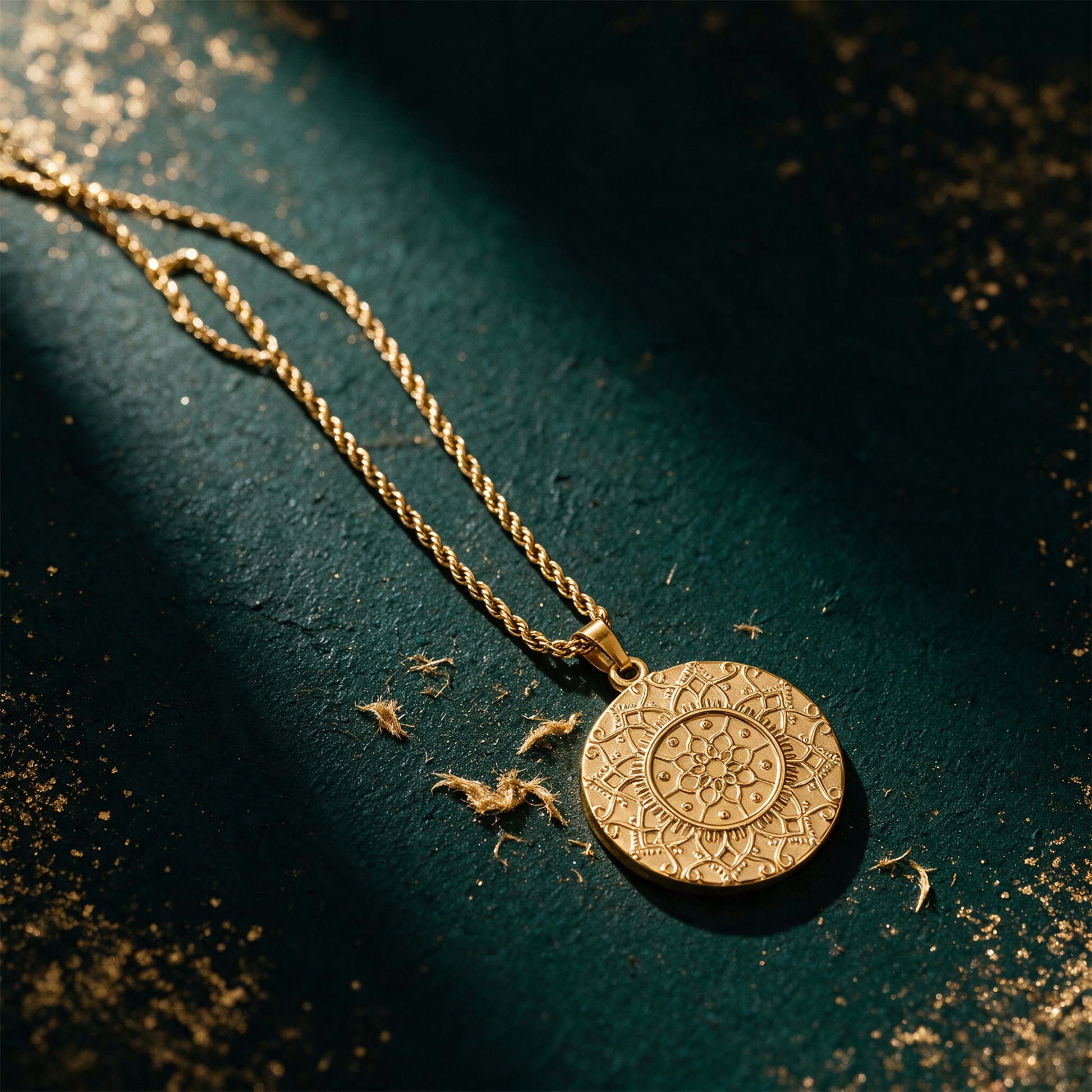 Mandala Kette â€žI am enoughâ€œ | Vergoldet mit verdeckter Gravur â€“ Material- und Setansicht vor tiefem SmaragdgrÃ¼n