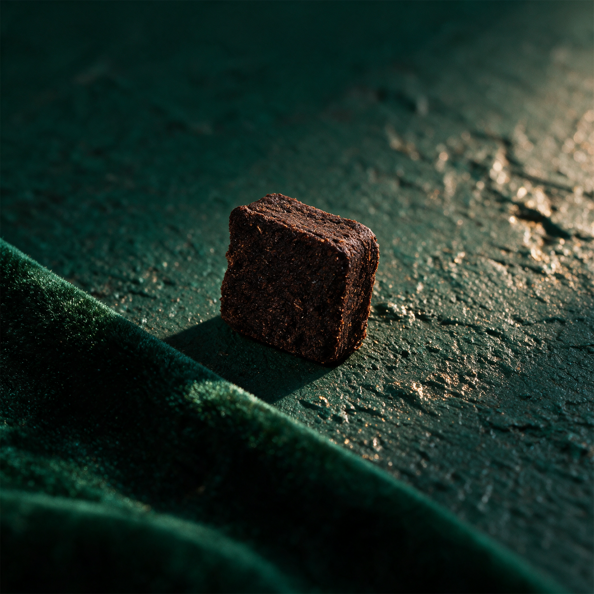 Detailansicht eines Aromafume Weihrauchblocks vor dunklem Grün