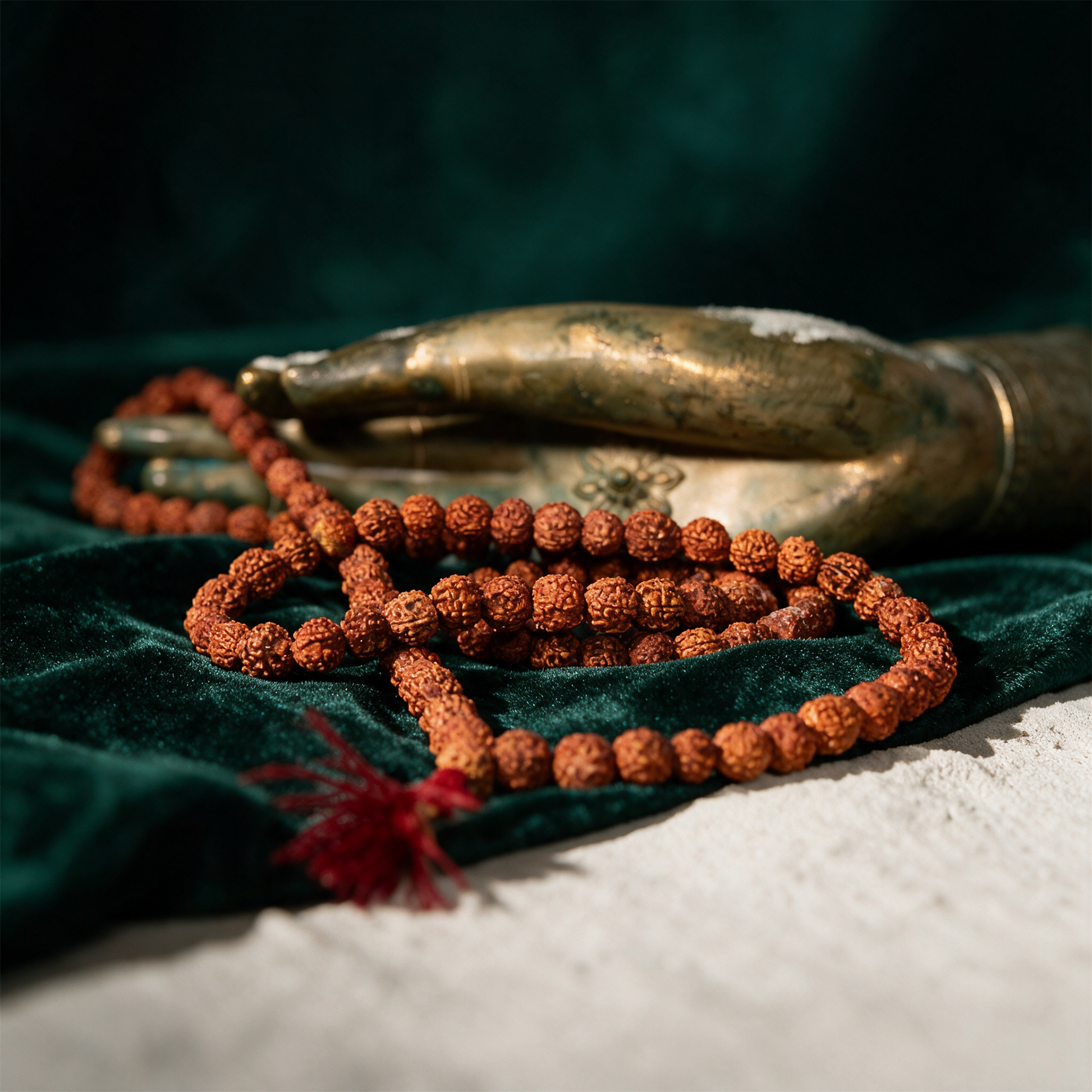 Mala Rudraksha â€“ Detailansicht vor tiefem SmaragdgrÃ¼n