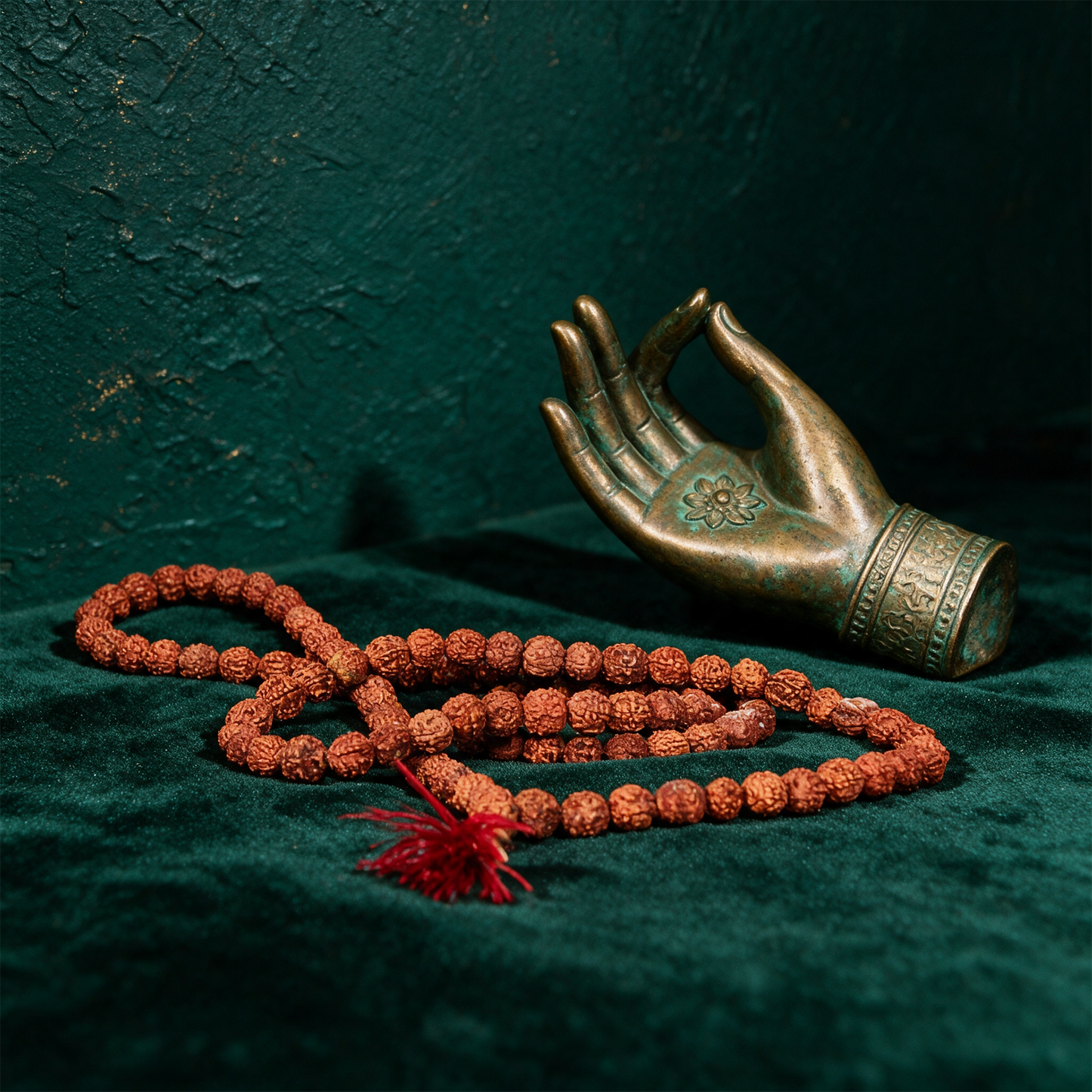 Mala Rudraksha â€“ Anwendung vor tiefem SmaragdgrÃ¼n