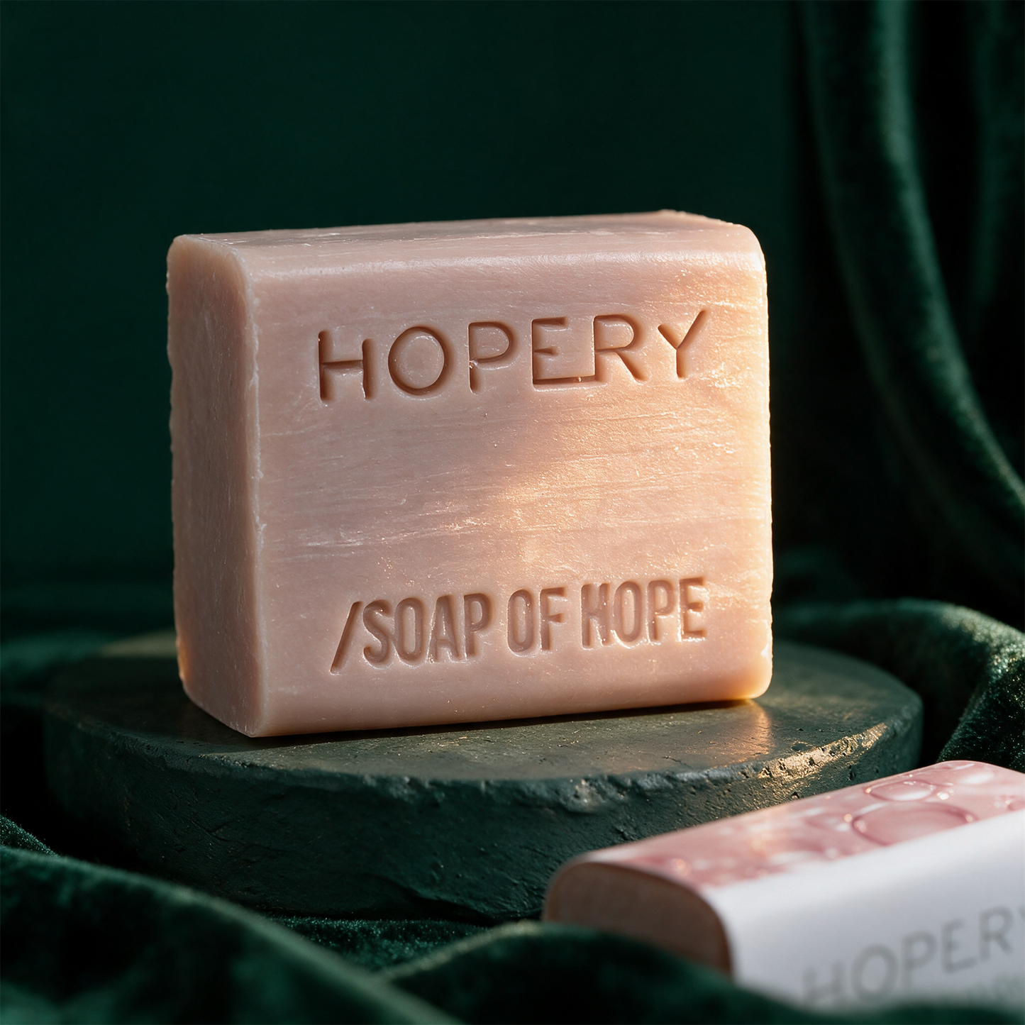 /ARGAN WOOD - Hand- & KÃ¶rperseife- 100 g - PalmÃ¶lfrei, Vegan â€“ Detailansicht vor tiefem SmaragdgrÃ¼n
