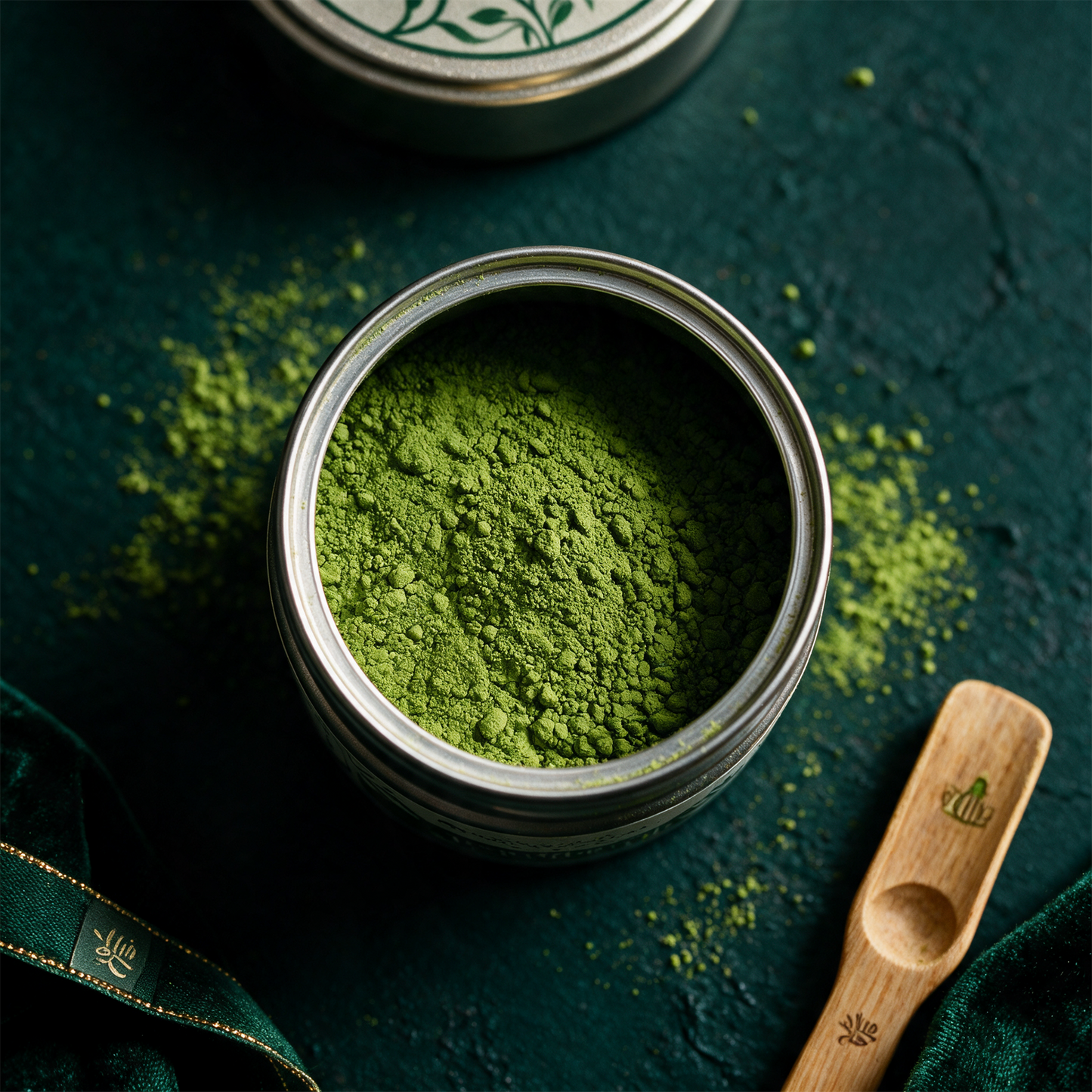 Detailansicht der Dose Bio Matcha Ceremonial vor dunklem Grün