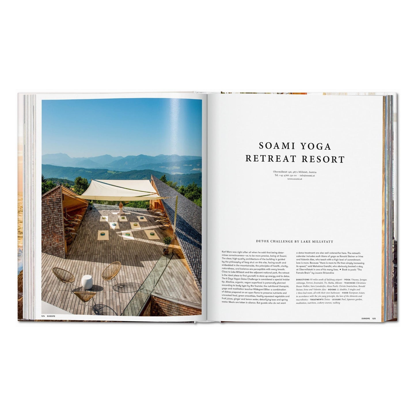 Innenseite des Buchs Great Escapes Yoga mit Fotografie eines Rückzugsorts