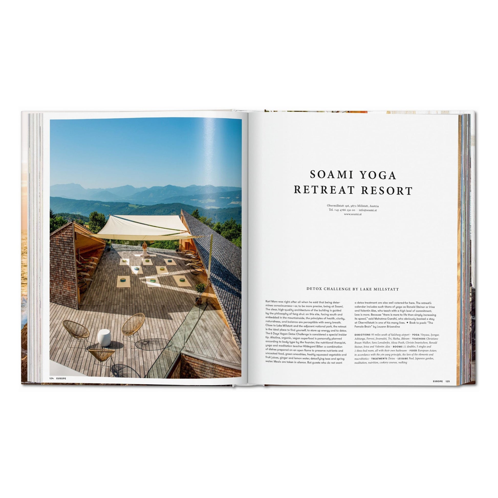 Innenseite des Buchs Great Escapes Yoga mit Fotografie eines Rückzugsorts
