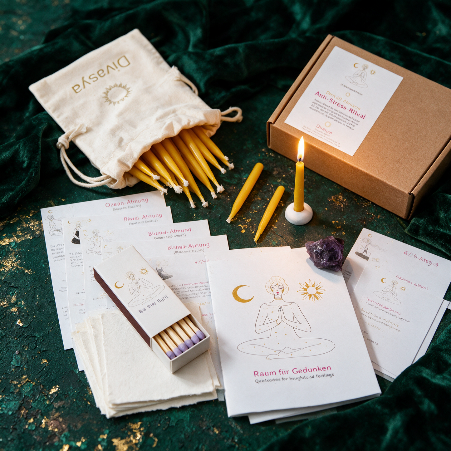 Anti-Stress Geschenkset | 20-Minuten-Ritual mit Kerzen, Affirmationen & AtemÃ¼bungen â€“ alternative Produktansicht vor tiefem SmaragdgrÃ¼n