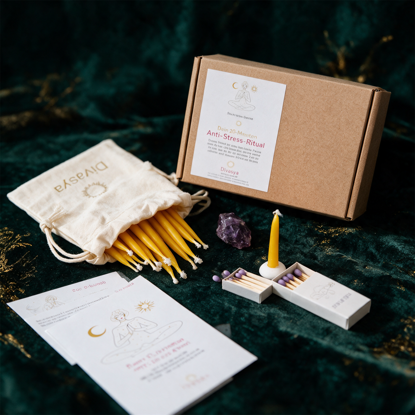 Anti-Stress Geschenkset | 20-Minuten-Ritual mit Kerzen, Affirmationen & AtemÃ¼bungen â€“ Detailansicht vor tiefem SmaragdgrÃ¼n
