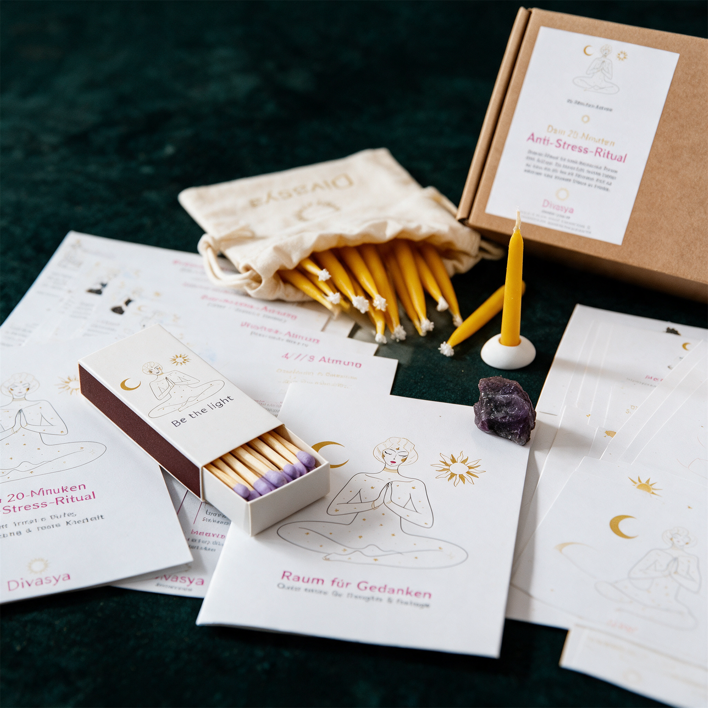 Anti-Stress Geschenkset | 20-Minuten-Ritual mit Kerzen, Affirmationen & AtemÃ¼bungen â€“ Anwendung vor tiefem SmaragdgrÃ¼n