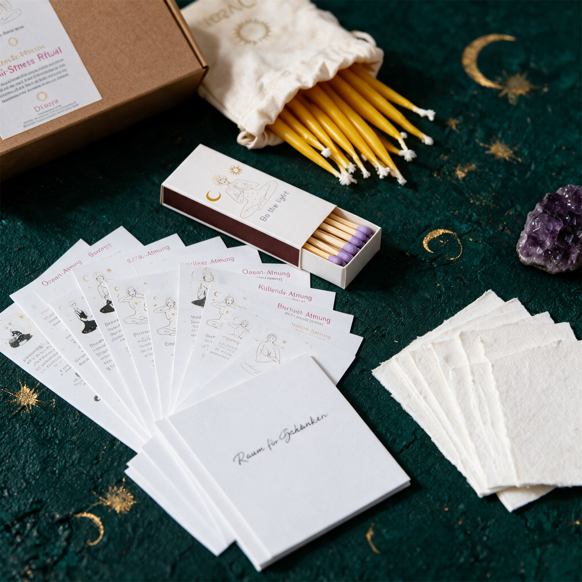 Anti-Stress Geschenkset | 20-Minuten-Ritual mit Kerzen, Affirmationen & AtemÃ¼bungen â€“ Material- und Setansicht vor tiefem SmaragdgrÃ¼n