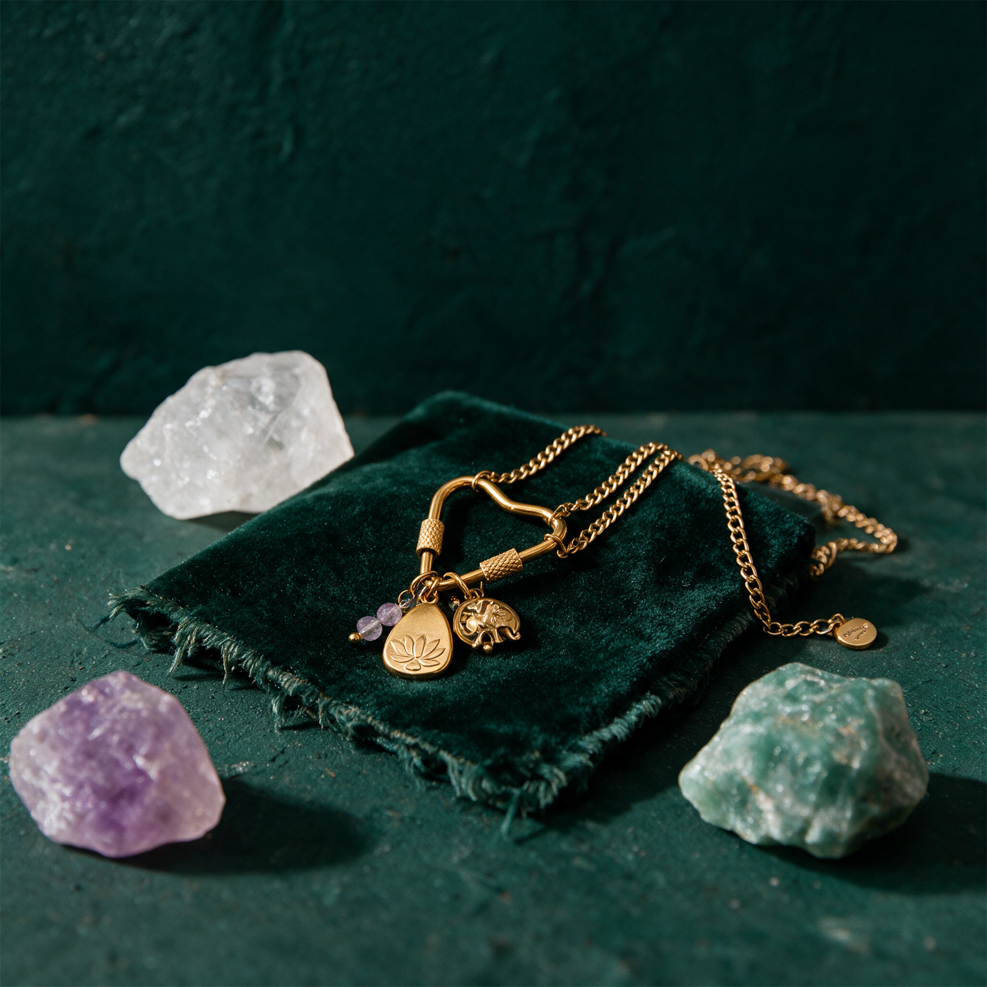 Soul Charms Halskette | Vergoldet mit austauschbaren Yoga-Symbolen â€“ Anwendung vor tiefem SmaragdgrÃ¼n