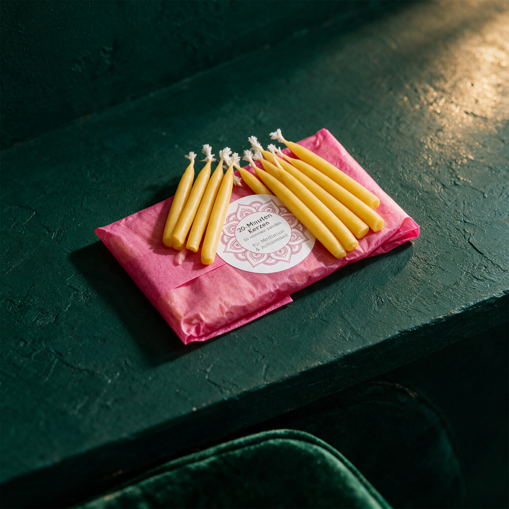 20-Minuten-Kerzen NachfÃ¼llpackung | 15 oder 30 Ritual-Kerzen â€“ alternative Produktansicht vor tiefem SmaragdgrÃ¼n