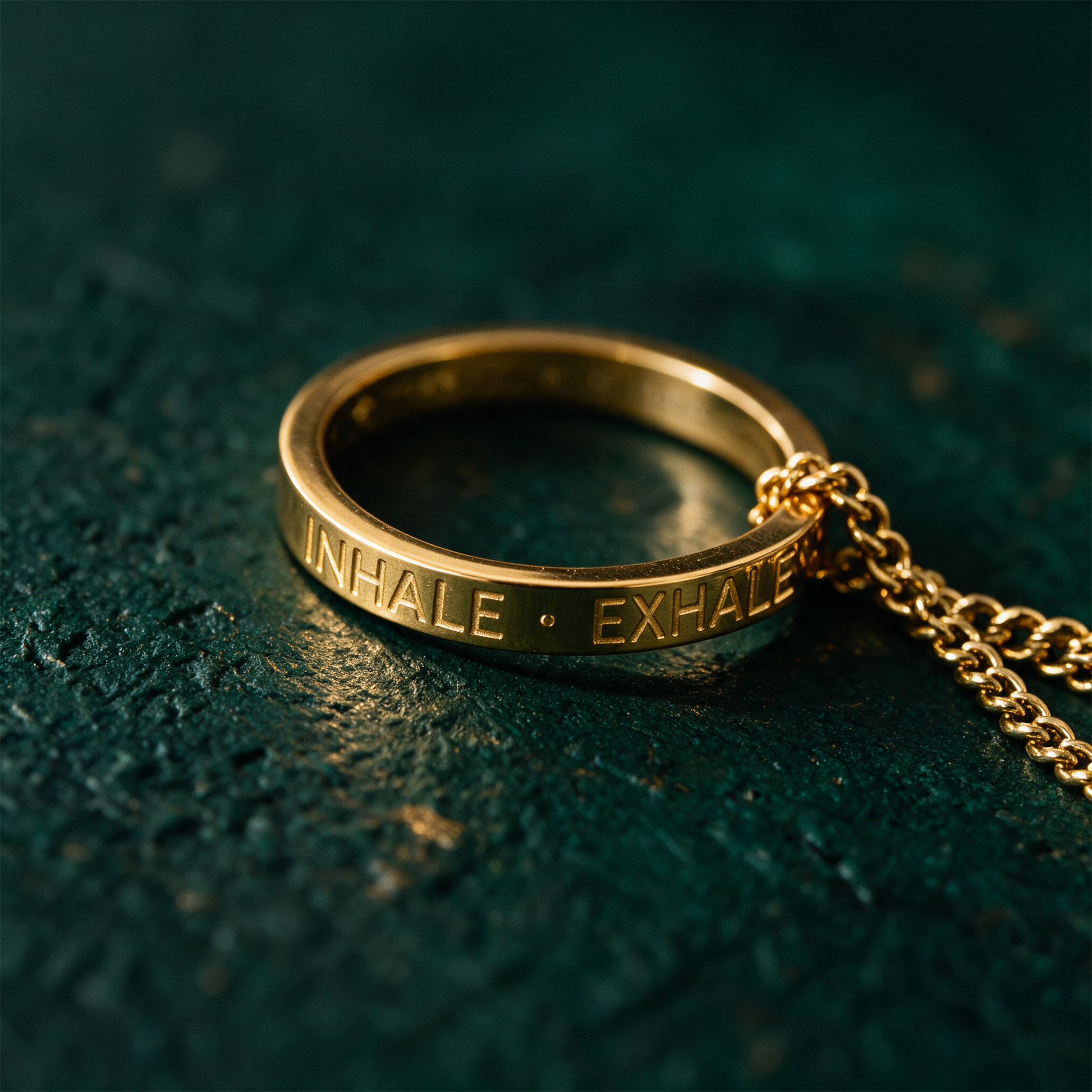 Kette mit Ring | vergoldet | Inhale Exhale â€“ Detailansicht vor tiefem SmaragdgrÃ¼n