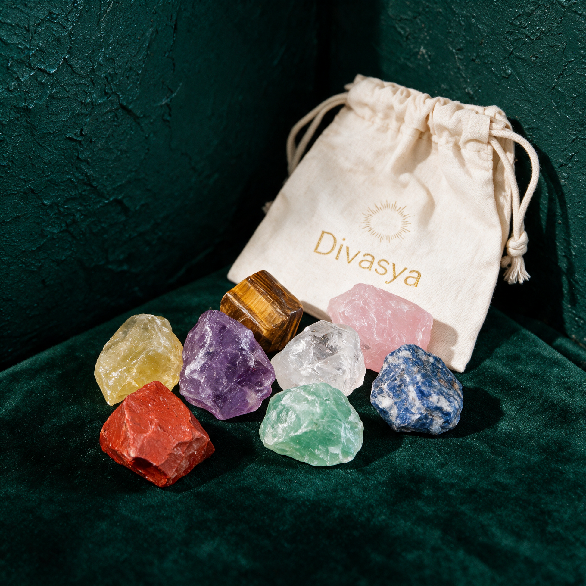 Chakra Steine Set | 8 echte Rohsteine fÃ¼r Meditation & Energiearbeit â€“ alternative Produktansicht vor tiefem SmaragdgrÃ¼n