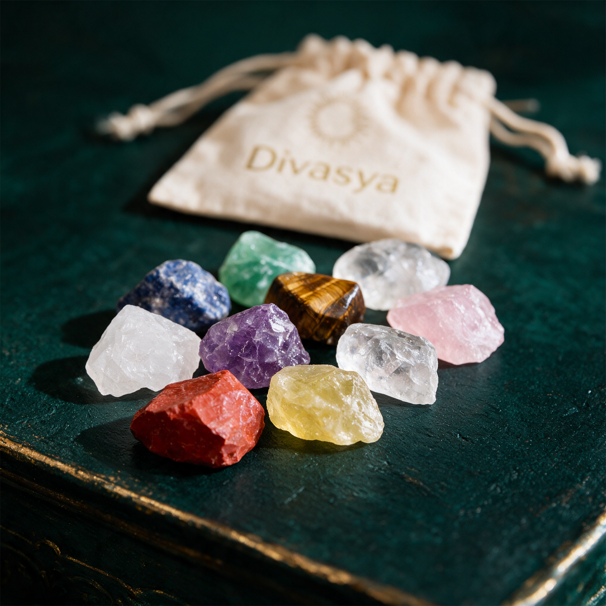 Chakra Steine Set | 8 echte Rohsteine fÃ¼r Meditation & Energiearbeit â€“ Detailansicht vor tiefem SmaragdgrÃ¼n