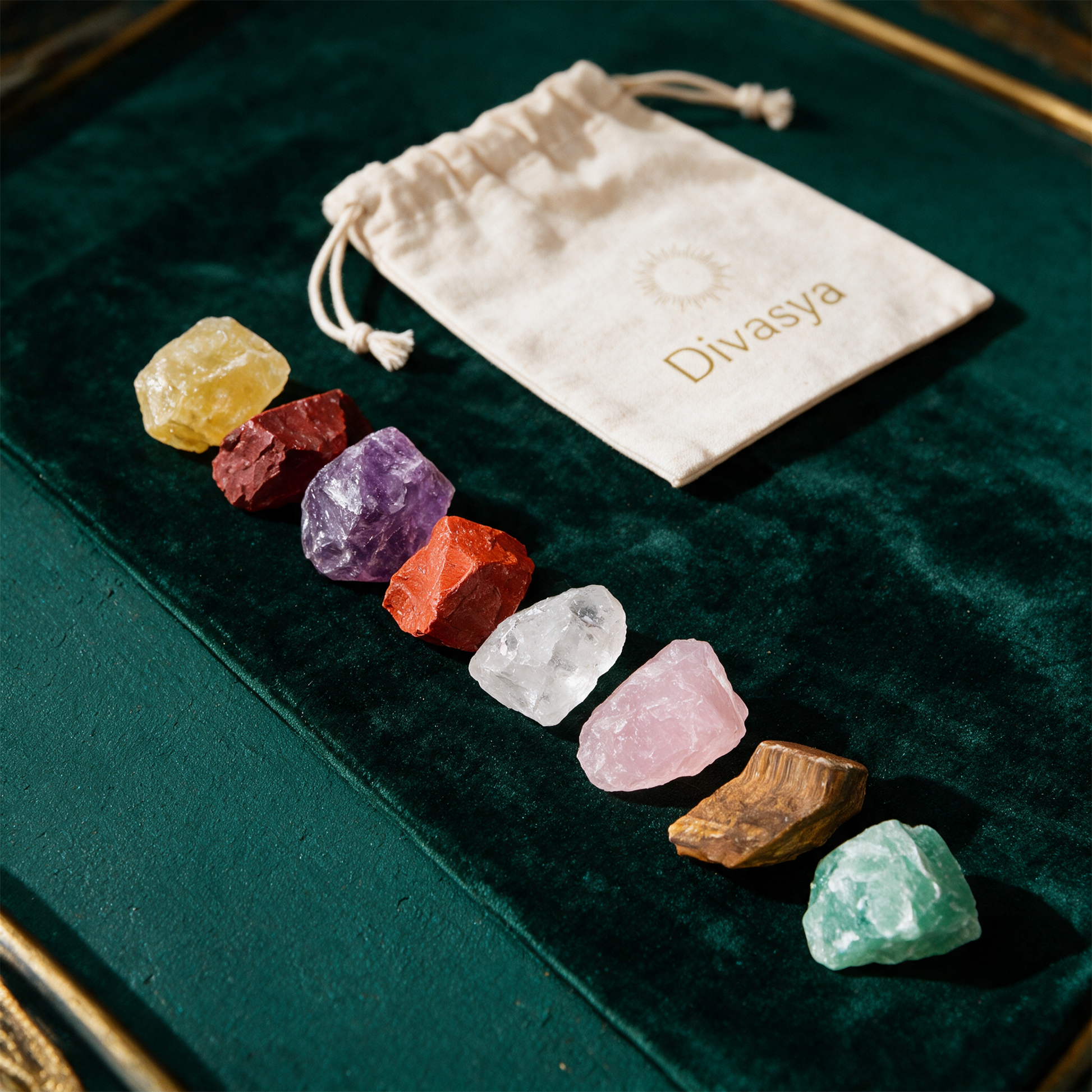 Chakra Steine Set | 8 echte Rohsteine fÃ¼r Meditation & Energiearbeit â€“ Material- und Setansicht vor tiefem SmaragdgrÃ¼n
