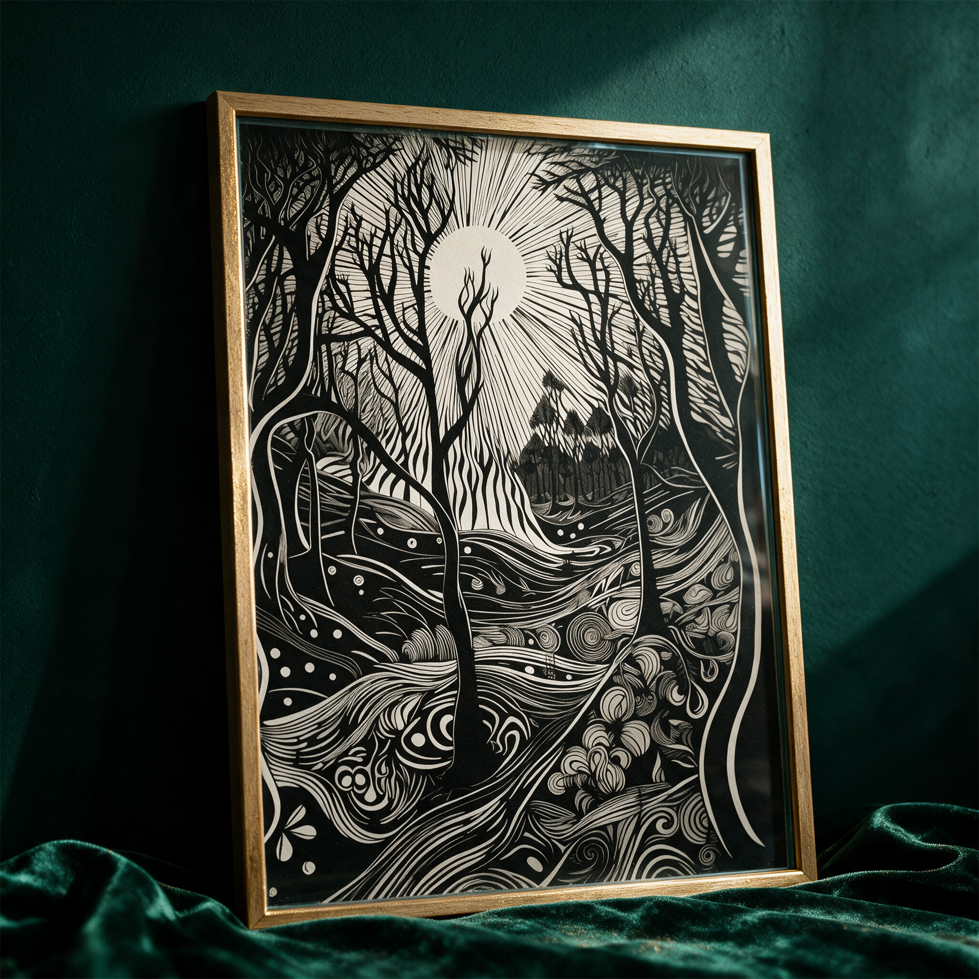 Nature Creation Poster - A Black And White Drawing Of A Forest â€“ Detailansicht vor tiefem SmaragdgrÃ¼n