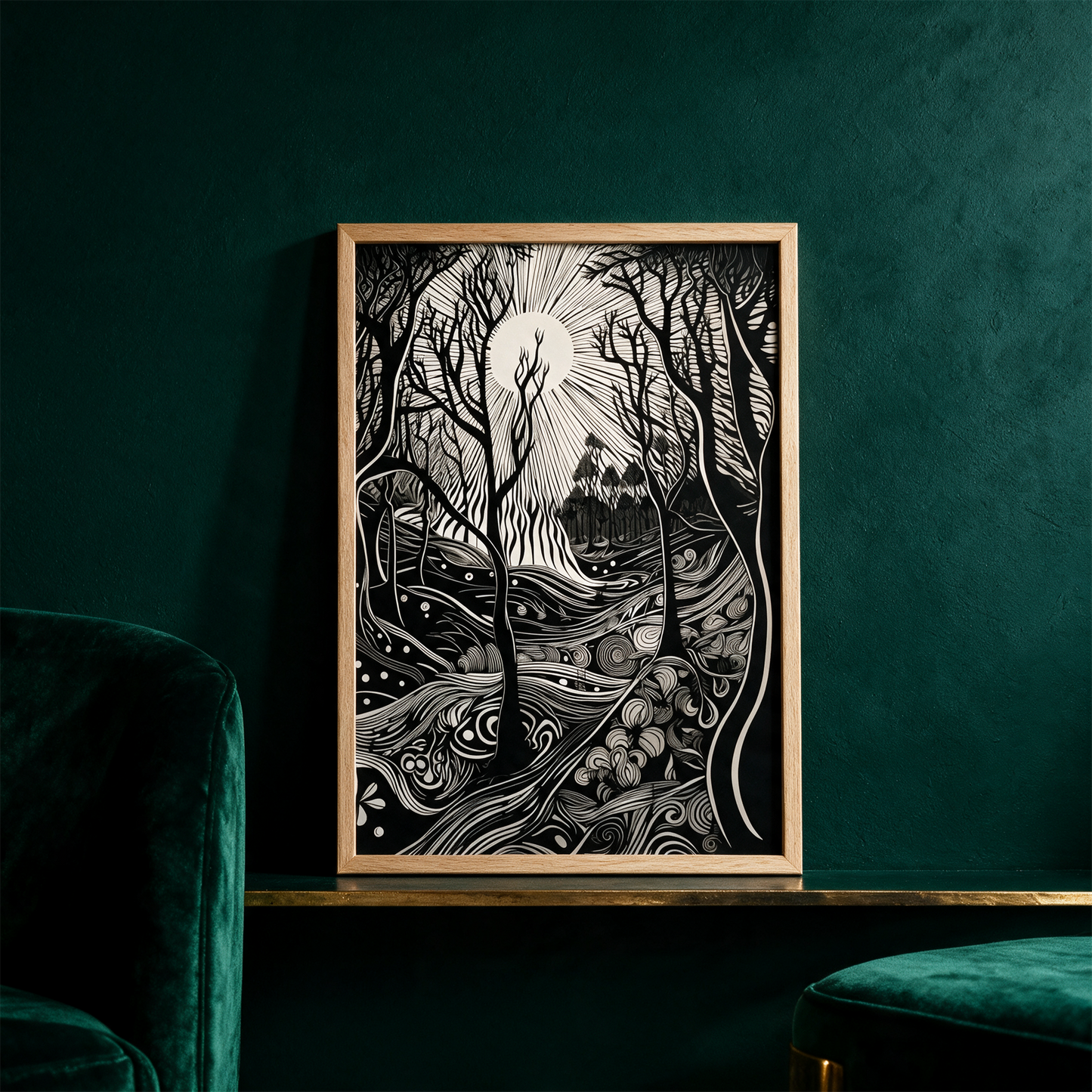 Nature Creation Poster - A Black And White Drawing Of A Forest â€“ Anwendung vor tiefem SmaragdgrÃ¼n