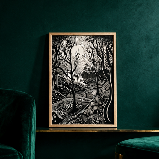 Nature Creation Poster - A Black And White Drawing Of A Forest â€“ Anwendung vor tiefem SmaragdgrÃ¼n