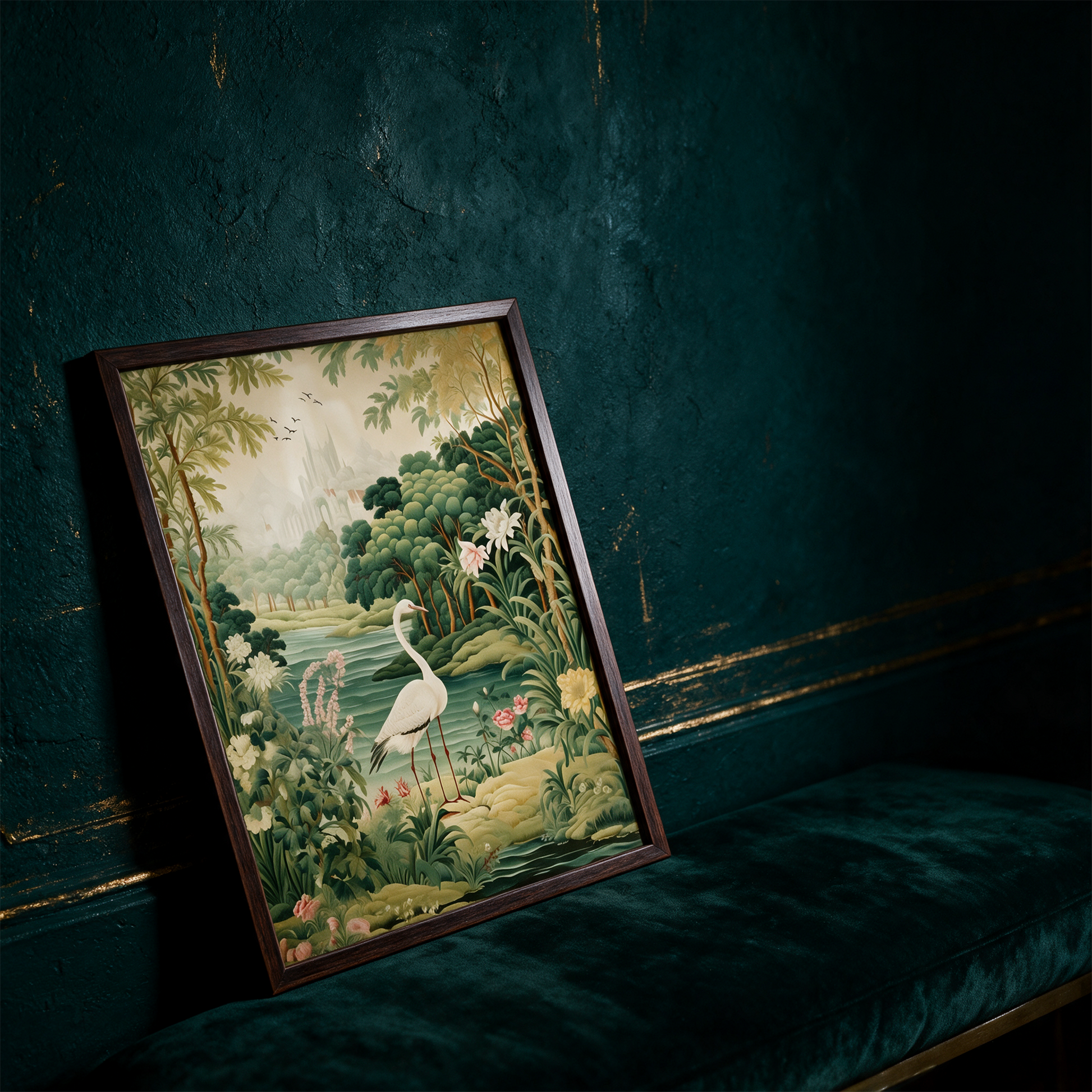 A Poster of green tapestry - A Painting Of A Bird In A Forest â€“ alternative Produktansicht vor tiefem SmaragdgrÃ¼n