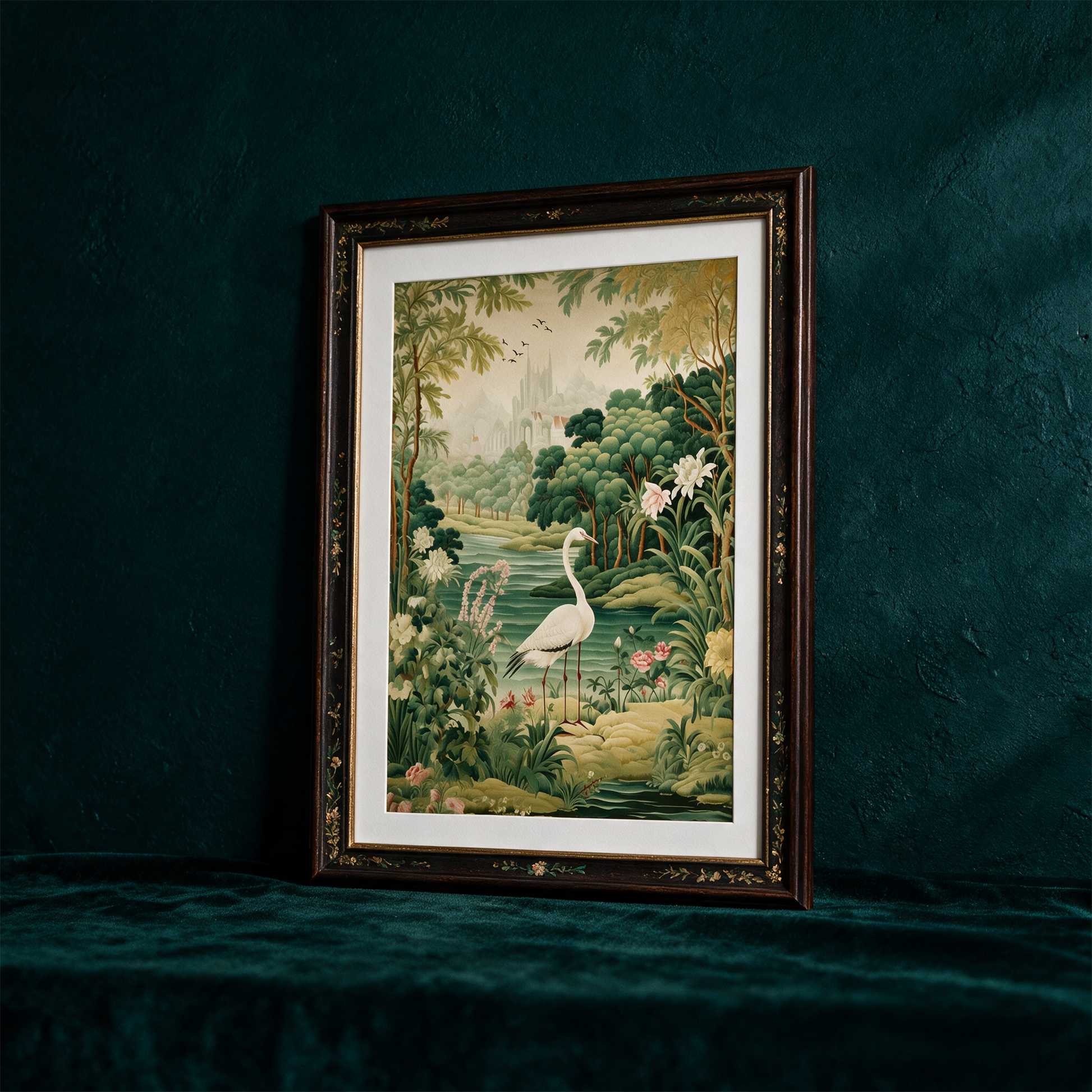 A Poster of green tapestry - A Painting Of A Bird In A Forest â€“ Detailansicht vor tiefem SmaragdgrÃ¼n