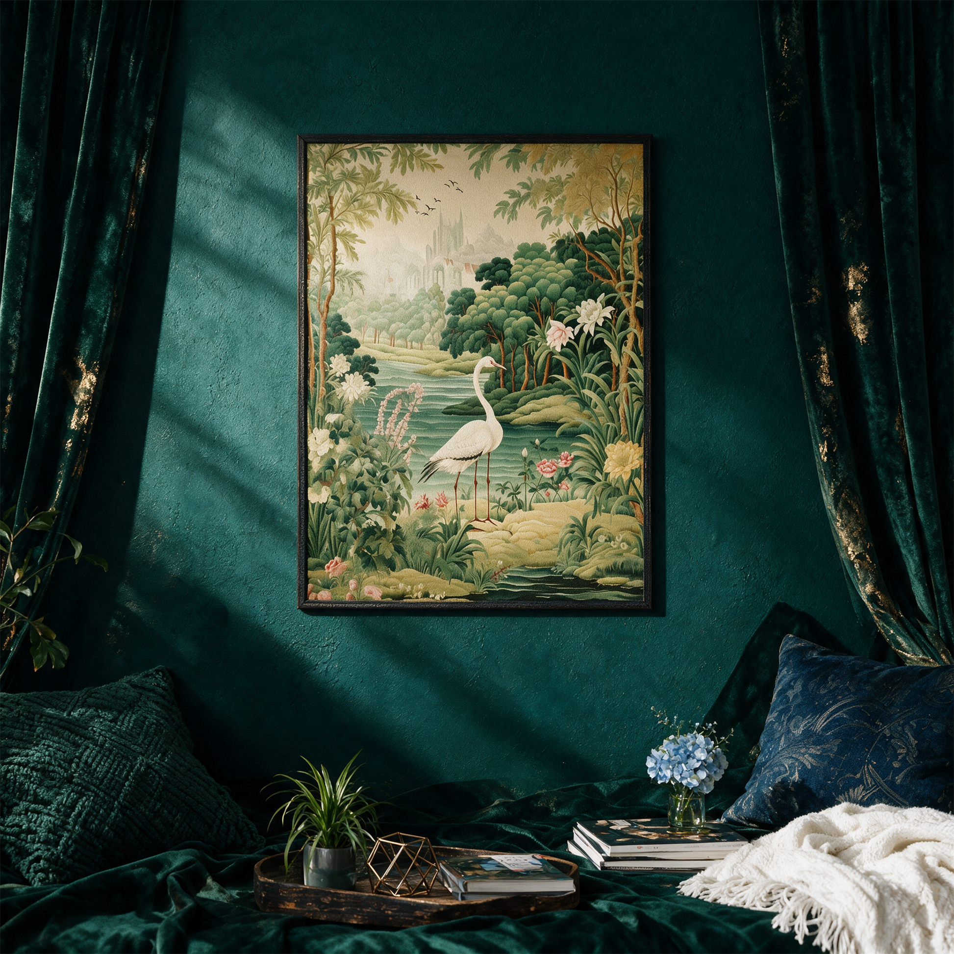 A Poster of green tapestry - A Painting Of A Bird In A Forest â€“ Anwendung vor tiefem SmaragdgrÃ¼n