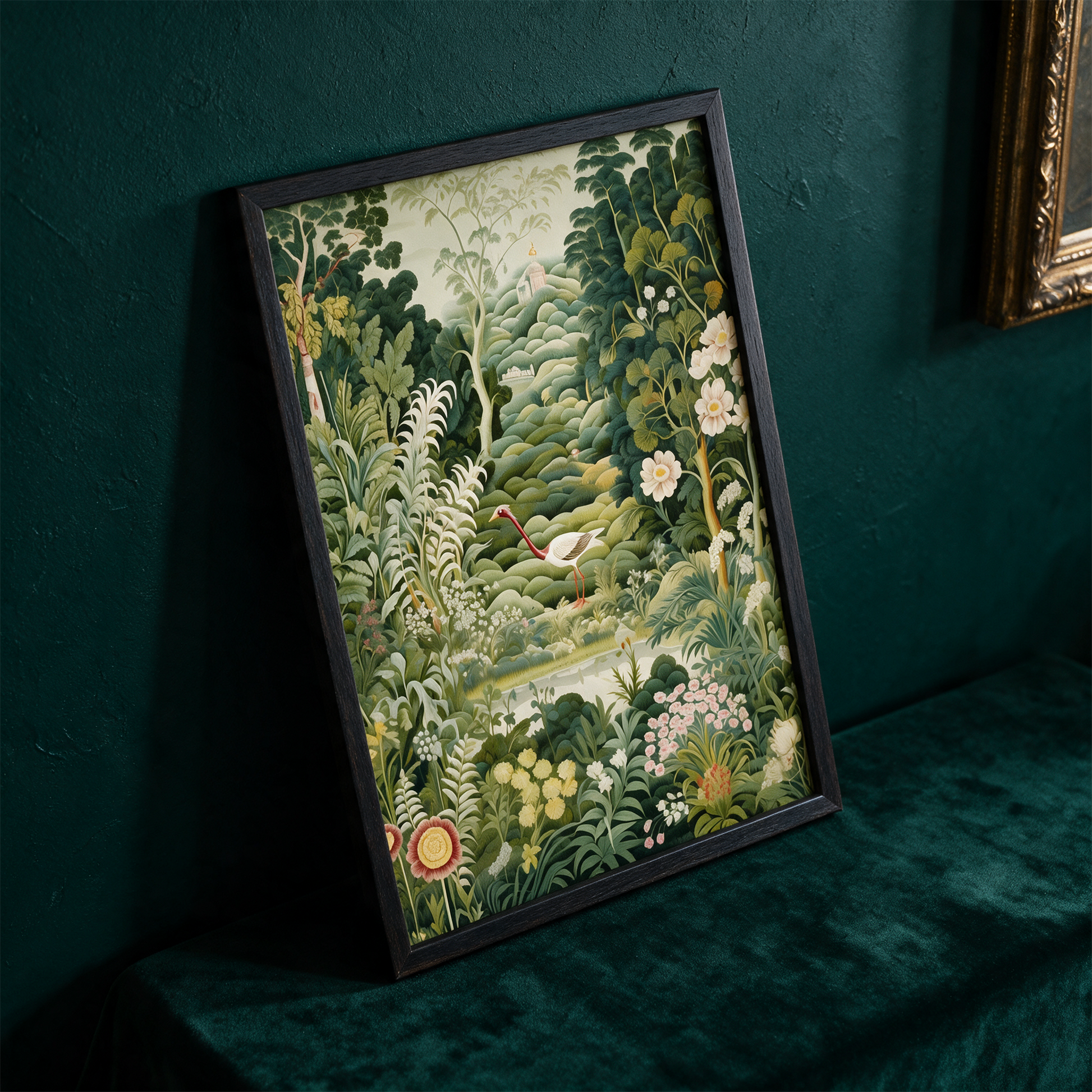 A Poster of green tapestry - A Painting Of A Bird In A Forest â€“ alternative Produktansicht vor tiefem SmaragdgrÃ¼n
