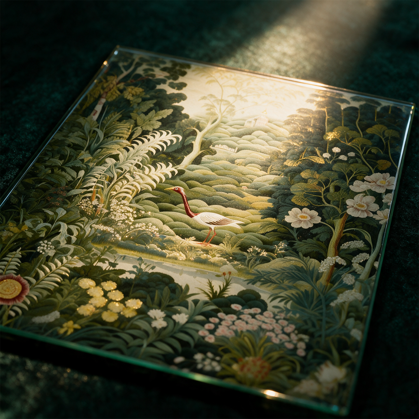 A Poster of green tapestry - A Painting Of A Bird In A Forest â€“ Detailansicht vor tiefem SmaragdgrÃ¼n