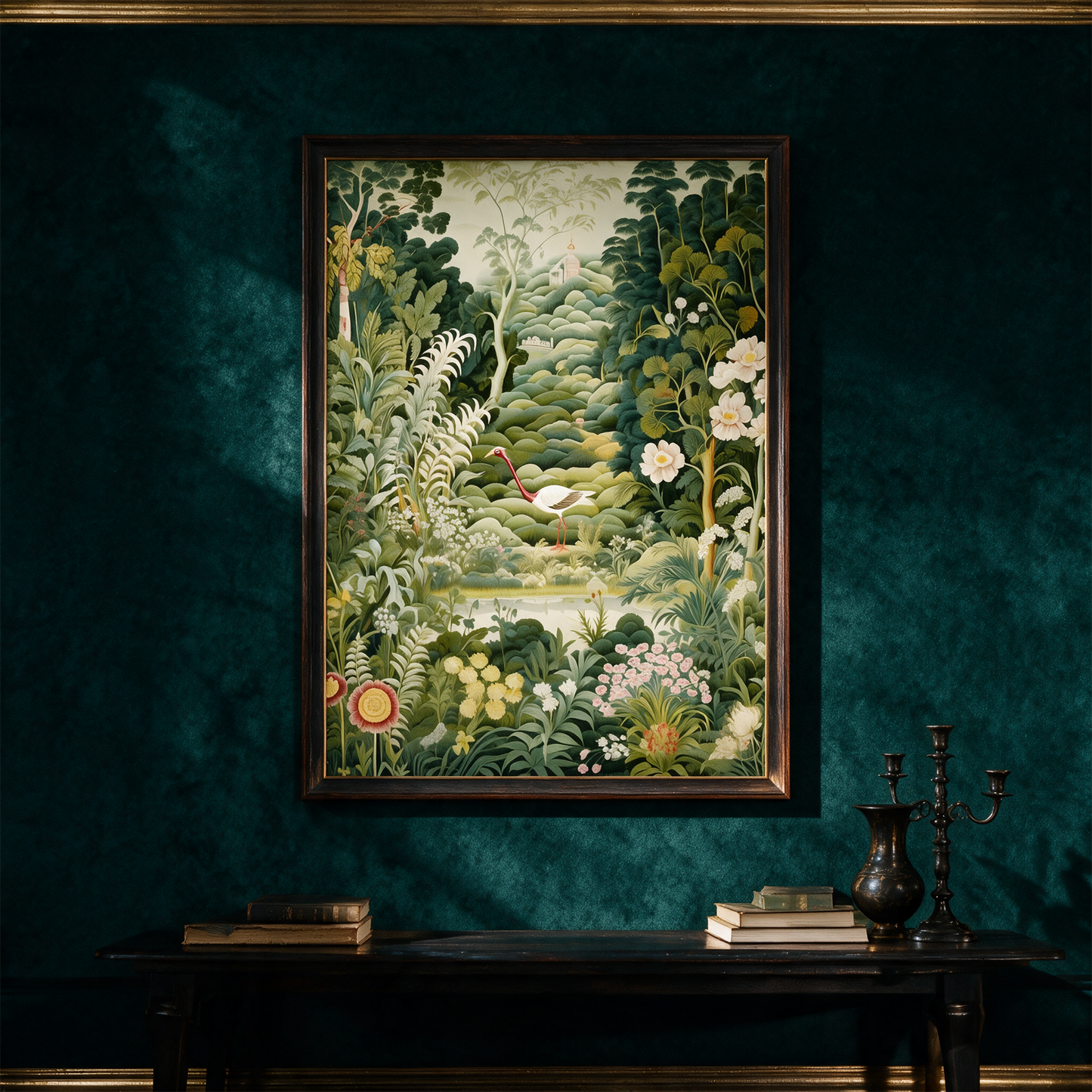 A Poster of green tapestry - A Painting Of A Bird In A Forest â€“ Anwendung vor tiefem SmaragdgrÃ¼n