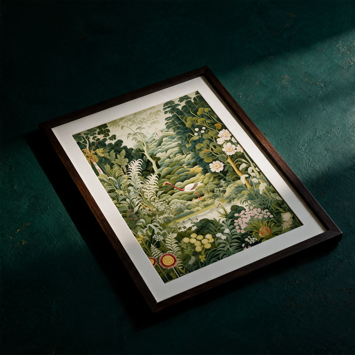 A Poster of green tapestry - A Painting Of A Bird In A Forest â€“ Material- und Setansicht vor tiefem SmaragdgrÃ¼n